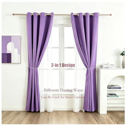 Image of 2 Panels Purple Blackout Curtains 52x84 Inches- Double Layer Lace Grommet for Bedroom, Nursery, Kids Room