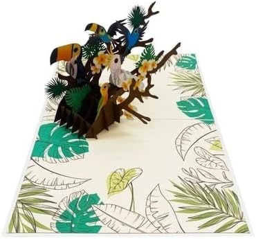 Miniatura 2 de Tarjeta de felicitación desplegable 3D – Pájaros tropicales en rama de la selva, tarjeta de loro exótico y tucán hecha a mano, cumpleaños,