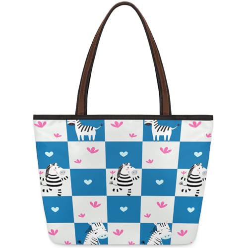 Zebras Grid Tote Bag Multi Pocket Zippered Beach Bag Lightweight Waterproof Handbag for Women Men Work Gym Travel Swimming Yoga Grocery Shopping M