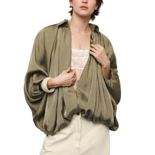 Womens Puffed Bomber Jacket Casual Batwing Sleeve Lapel Collar Zip Shirts Oversized Pleated Streetwear Jackets2