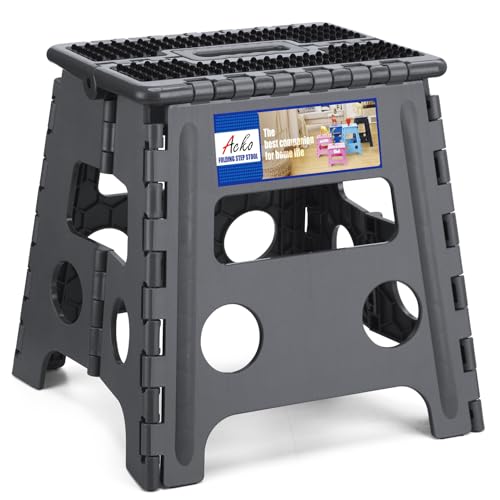 Image of ACKO Folding Step Stool 13 inch Height Premium Heavy Duty Foldable Step Stools for Adults and Kids, Kitchen Plastic Small Collapsible Stepping Stool Hold Up to 300 LB Dot Grey (1 Pack)