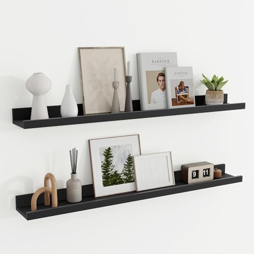 Floating Shelves Set of 2, 90cm Long Picture Ledge Shelf, Nursery Shelves with Lip for Storage, Kids Bookshelf Wood Wall Mounted Black Shelves for Living Room Bedroom Decor Books Photo Frames