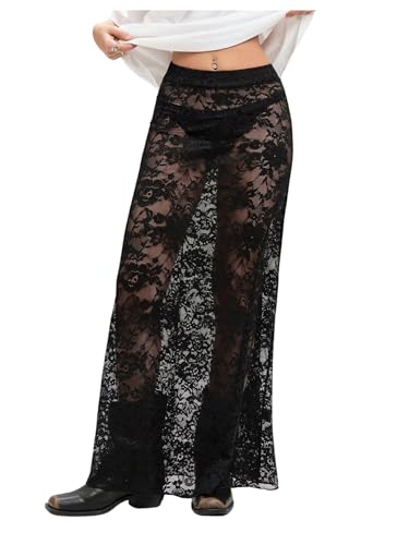 OYOANGLE Women's Sheer Lace Maxi Skirt Elastic Waist See Through Y2K Gothic Skirts