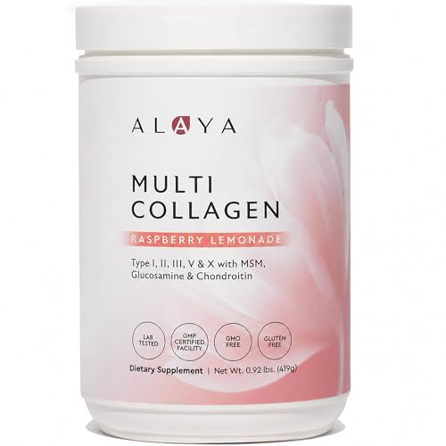 Alaya Multi Collagen Powder - Type I, II, III, V, X Hydrolyzed Collagen Peptides Protein Powder Supplement with MSM + GC (Raspberry Lemonade)