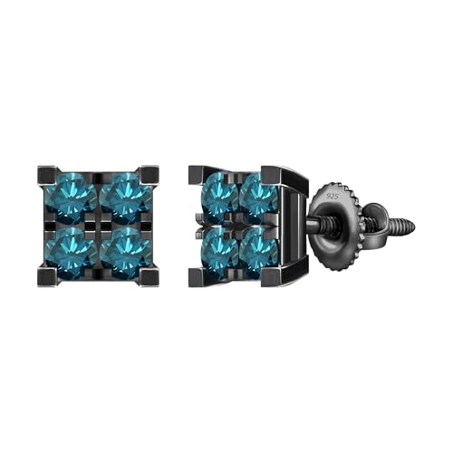 Dazzlingrock Collection 0.55 Carat (ctw) Round Blue Diamond 6mm Square Shaped Hip Hop Iced Out Studs in Black Plated Sterling Silver, Unisex Design Ladies, Mens Real Diamond Earrings