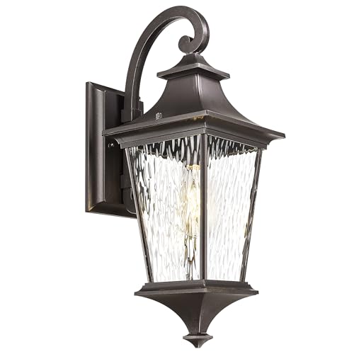 Emliviar Outside Wall Sconce Light Fixture, 21.1 Inch Rustic Wall Lantern with Water Ripple Glass, Outdoor Patio Light in Oil Rubbed Bronze Finish for Entryway, XE292B-M ORB SW