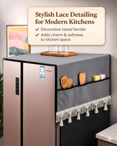 Image of Decorative Fridge Cover Top with Tassel Lace for Double Door Refrigerator - Waterproof, Dustproof & Washable Polyester Fridge Cover with 6 Side Pockets for Kitchen Accessories (Grey)