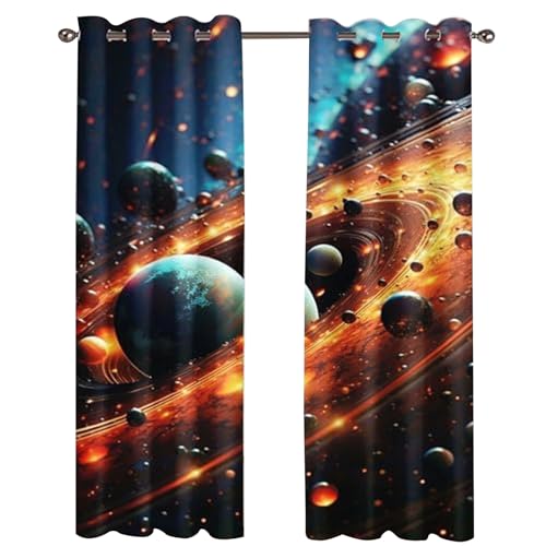 KARPIX Universum planet mörkläggningsgardiner, rymd, stjärngenomskinliga gardiner med öljetter, ogenomskinlig gardin för barn och tonåringar, 2 paneler (1, 100 x 140 cm (2 x 50 x 140 cm))