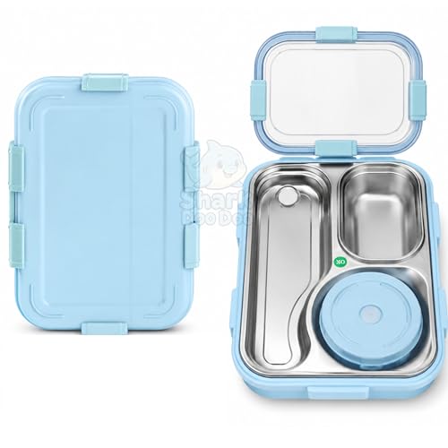 Image of Shark Doo Doo Bento 3 Compartment Stainless Steel Lunch Box with Steel Cutlery Inside | Heating & Water Insulation Design | Leak-Resistant | 750 ML | Office & School (Sky Blue)