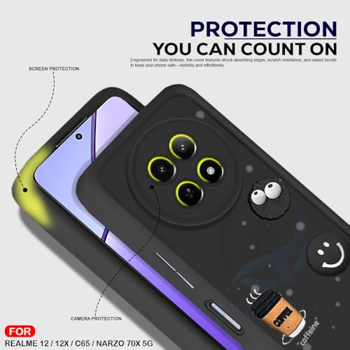 Image of AESTMO Back Case Cover for Realme 12X / 12 / C65 / Narzo 70X 5G | Cute Fun Cartoon 3D Ball | Coffee Silicone Case | Full Body Protection | Camera Protection Back Cover (Black)