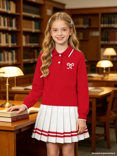 Image of Betusline Girls Long Sleeve Polo Skirt Set Kids Preppy Uniform Outfit,4-14Y