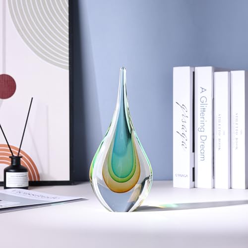 Mundgeblasene Glasskulptur, einzigartige Dekoration im mediterranen Stil, Glasfigur mit kristallähnlichem Finish, dekorative Briefbeschwerer für Bürotisch, Wohnzimmer, Schlafzimmer, Schränke (Gelbgrün