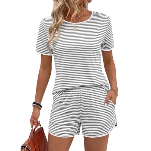 Rapbin Womens Pajama Sets 2026 Spring Summer Ladies Striped Short Sleeve 2 Piece Shorts Set Crew Neck Split Soft Cozy Pjs Light Gray White Stripe Small