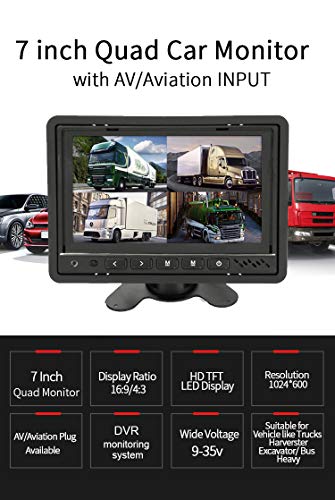 CarThree 7 inch Car Truck Quad Split Monitor Built-in DVR Video Recording 4 Channels Quad Display Front/Left/Right/Back Camera AV Input