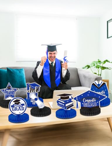 Image of 9Pcs Graduation Table Decorations - Blue and Black Graduation Centerpieces for Tables Congrats Grad Honeycomb Centerpieces Congratulate Table Toppers Grad Party Decorations, Class of 2026 Decor