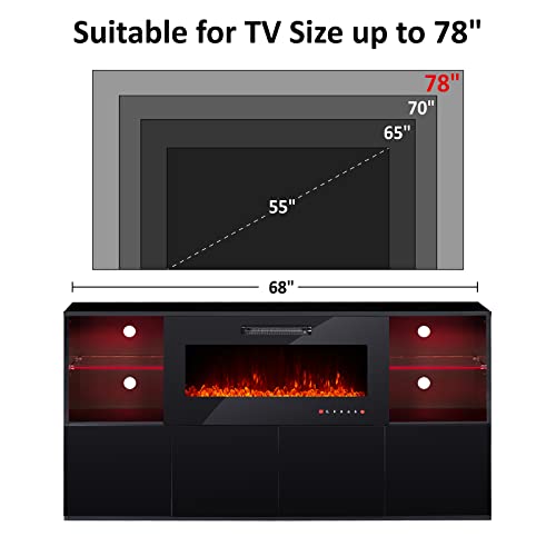 Luxoak Electric Fireplace Tv Stand For Tvs Up To 75", Modern High Gloss Entertainment Center With 40" Fireplace/4 Shelves/4 Storage Cabinets, Media Console Table 68 Inches, Black #TOP6