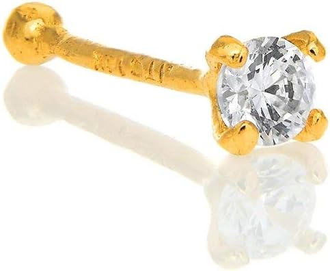 JewelStop 14K Solid Yellow Gold Nose Ring Bone CZ Prong Set - 0.5mm 24 Gauge 9mm Long
