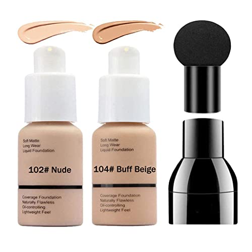 Foundation Set Full Coverage Matte Liquid Foundation Makeup with Mushroom Head Applicator, Oil Control Flawless Concealer Cover Facial Blemish for Women Girls (102&104)