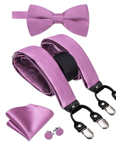 Image of Hi-Tie Light Purple Suspender Bowtie for Men Adjustable Y-Shape 6 Clips Trouser Braces Pre-Tied Bow Tie with Handkerchief Cufflinks