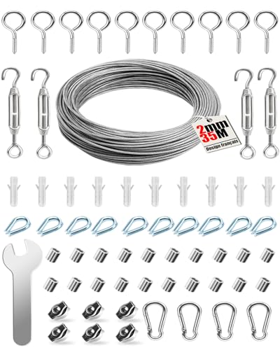 ovsor 65 Pièces Kit Cable Acier Inoxydable 2 mm x 35 m, avec Tendeur, Cable Inox 304 pour Plantes Grimpantes, Corde à Linge, Corde de Tente et Suspension de Luminaires