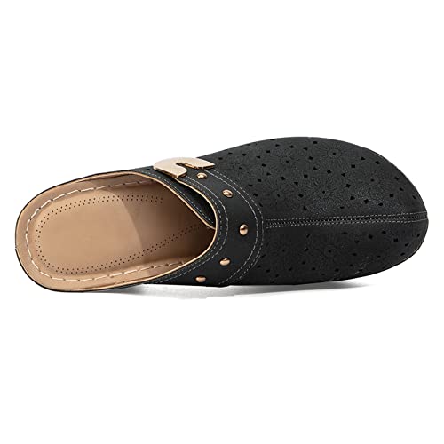 Wenoreg Women’s Hollow Closed Toe Chunky Heels Mules,Summer Retro Flower Pattern Slip On Slides Loafer Shoes,Metal Decoration Casual Breathable Backless Mules Sandals (Black,7,7) #TOP3
