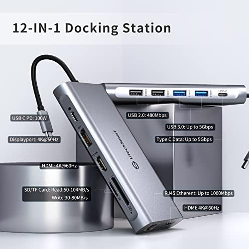 Stacja dokująca, UtechSmart12 w 1 Hub USB C z 2 HDMI, 1*DisplayPort, Typ C PD, 4 porty USB, Gigablit Ethernet, czytnik kart SD/TF kompatybilny z MacBook Pro i innymi urządzeniami Typu C