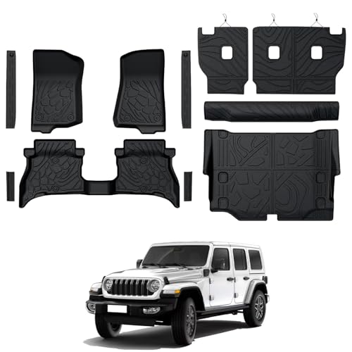 GALVAGNITE Floor Mats for Jeep Wrangler JL 4XE 4-Door 2021-2025 2026, All Weather Floor Mats Trunk Cargo Liner with Backrest Protectors and Door Sill Guards Accessories, Full Coverage Set