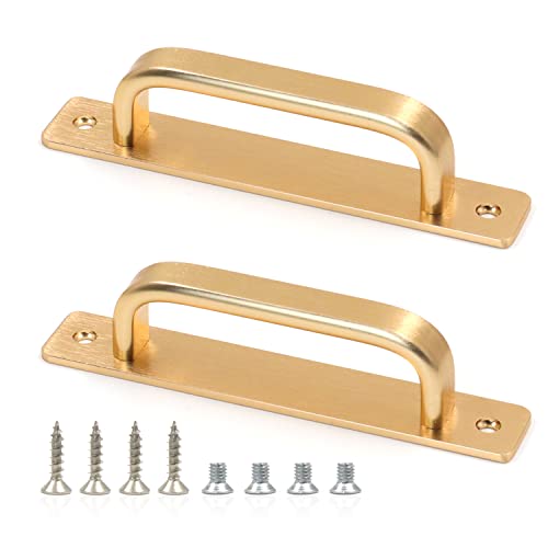 Tiradores de puerta de metal sólido dorado con placas y tornillos, 147 mm/5.79 pulgadas, tiradores de puerta corredera de granero de aleación de aluminio sin perforaciones (2 unidades)