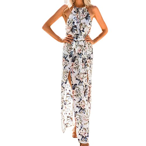 Damen Sommer Casual Lang Strandkleid Neckholder Sexy Verlaufsdruck Ärmellos Aushöhlen Freizeitkleid Knielang Elegant Sommerkleid Frauen Lang Maxikleider Casual Lose Kleid M845 3 Ansenesna Kleid Damen Sommer Lang Mit Schlitz Blumen Boho Maxi Strandkleid Frauen Neckholder Party Strand Partykleid (M, Weiss)