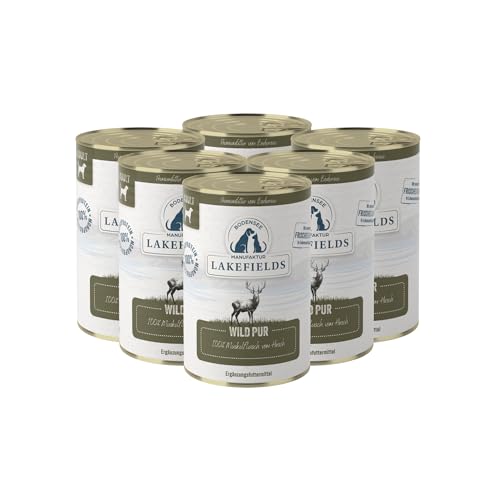 Lakefields Premium Hundefutter Nass | Wild pur 100% | 6 x 400g | Reines Muskelfleisch | Wildfleisch aus artgerechter Tierhaltung | Getreidefreies Nassfutter für Hunde | Regional & Naturbelassen