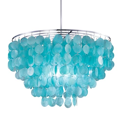 Wellmet Natural Capiz Shell Chandelier, 6 Lights Coastal Modern Blue Capiz Chandelier Pendant Lighting, Hanging Round Layered Chandelier for Living Ro