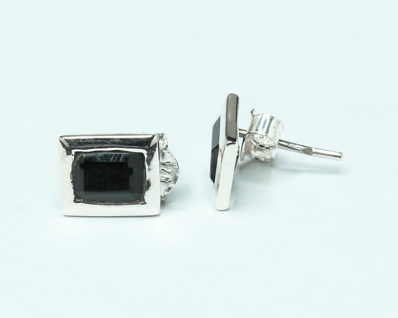 Boucle d'oreille onyx noir rectangulaire argent 925 puce solitaire