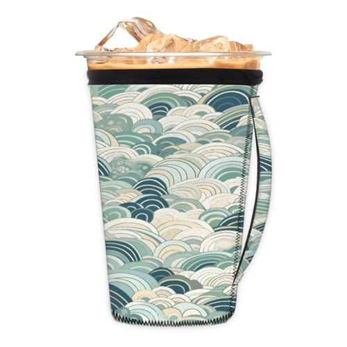 Abstract Ocean Ripple Reusable Neoprene Coffee Sleeve with Handle Insulated Iced Coffee Cup Holder Reduces Condensation Fits 24-28 oz Cups M
