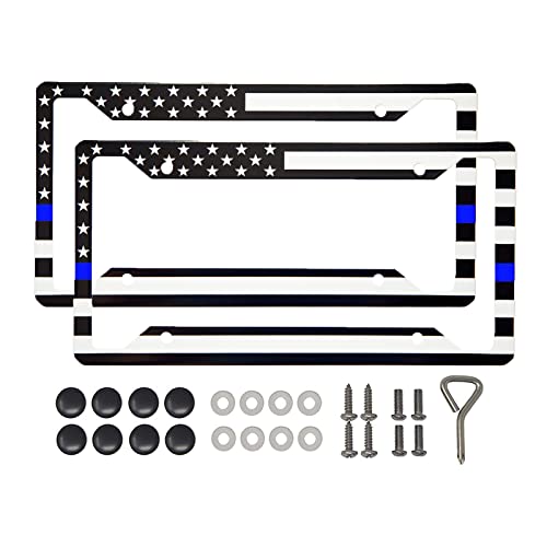 International Tie Premium License Plate Frame, Made with High Grade 304 Stainless Steel (USA Thin Blue Line - 2 Pack)