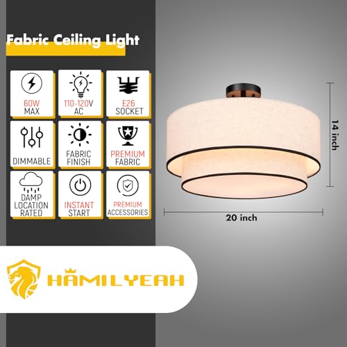 Hamilyeah 20 inch Semi Flush Mount Ceiling Light Fixture with Fabric Shade, Beige Double Layer Light Fixture with 4 Light, Modern Close to Ceiling Lighting for Living Room, Bedroom by Hamilyeah - Used condition - Image 2