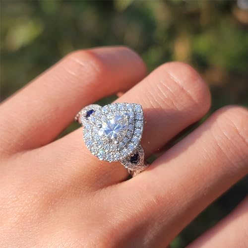 DovEggs Moissanite Engagement Ring for Women,Moissanite Rings 3ctw Total GHI Color Pear Cut Vintage Double Halo Split Shank Wedding Ring Moissanite&Blue Sapphire 14K Gold Quality Sterling Silver(9)4