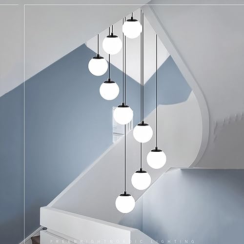 Chandelier long en verre bulle blanc lait à 9 lumières pour grand salon