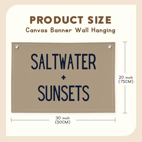 Image of Beach Room Decor Banner, Boho Coastal Saltwater Sunsets Wall Art Linen Canvas Banner Flag for Aesthetic Room Decor, Playroom Nursery Surf Decor,Housewarming Gift, Beach Gifts boyroom