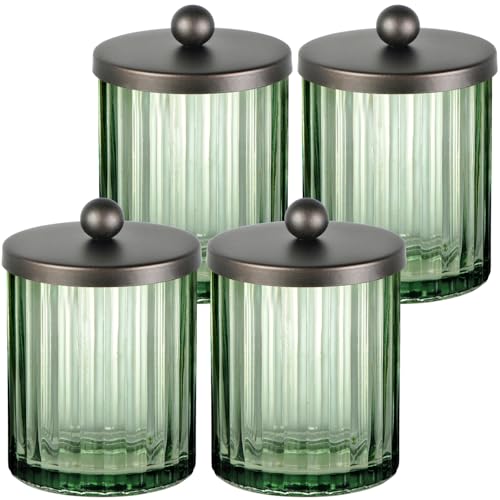 Amolliar Sage Green Glass Apothecary Jar With Metal Lid & Stickers, Bathroom Qtip Holder Dispenser for Cotton Swabs, Balls, Round Pads, Bath Salt, Floss, Countertop Canister Storage, Bronze 4 Pack