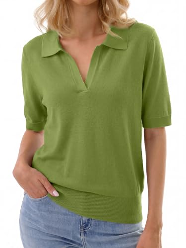 GKBK Short Sleeve Sweater for Women Polo Shirts V Neck Wool Blend Knit Tops Lightweight Sweaters Business Casual Outfits 2026 Summer Fashion Trendy Green — view 2