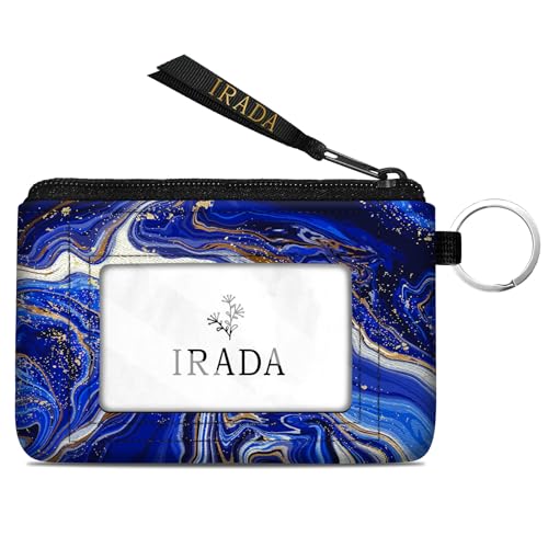 IRADA ID Case Wallet Keychain with Clear ID Window Zipper Cute Coin Purse for Women Water Resistant Small Coin Pouch-Blue Marble Keychain Wallet
