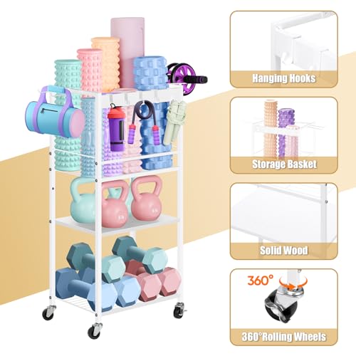 Home Gym Storage Rack, Yoga Mat Storage Racks, Workout Equipment Storage Organizer for Yoga Ball Dumbbell Kettlebells Foam Roller Resistance Bands, Exercise Shelf with Hooks and Wheels - Thumbnail 3