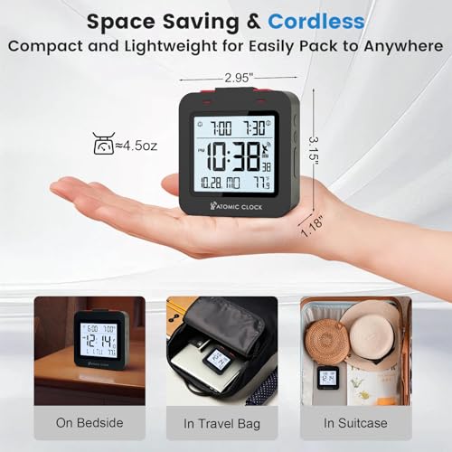 ComfyTune Small Digital Atomic Alarm Clock for Bedroom, 3.15 Inch Portable Travel Clock with Dual Alarms and Snooze, Indoor Temperature, 8s Backlight, Battery Included, Black