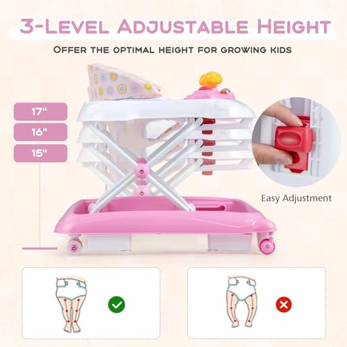 BABY JOY Baby Walker, 4 in 1 Foldable Activity Walker with Adjustable Height, Music, Lights, Anti-Rollover Toddler Push Walker, Baby Walker with Wheels for Boys Girls 7-14 Months (Pink) - Thumbnail 3