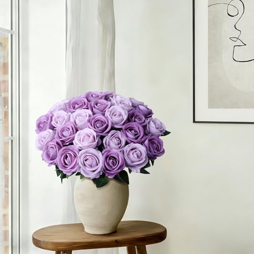 Image of INSPRING 50 PCS Purple Roses Artificial Flowers with Long Stems | Real Looking, Fake Roses, Silk Flowers, DIY Bouquet, Wedding Party Celebration Home Bridal Decoration Gift, for Her Wife