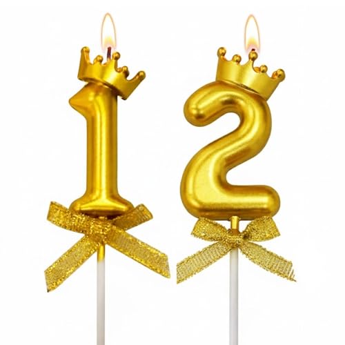 Image of Rozi Decoration Number 12 Birthday Candle for Cake with Crown Design | Gold Metallic Number Candle Set with Stick | Cake Topper for Kids, Teen and Family Birthday Celebration