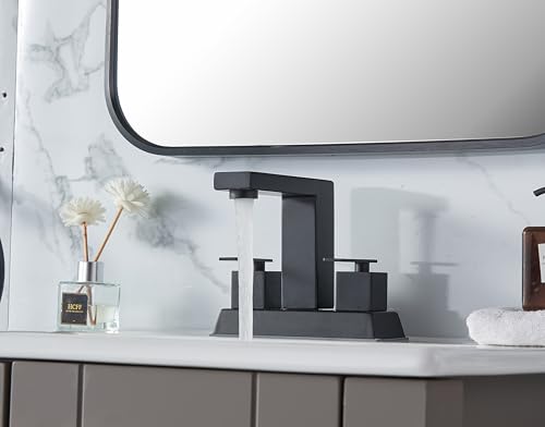 Comllen Matte Black Centerset Bathroom Faucet, 4 Inch 2 Handle Bathroom Sink Faucets with Water Hoses and Pop up Drain, 3 Hole Bathroom Faucets for Vanity Lavatory Basin RV Sink by Comllen - Used condition - Image 6