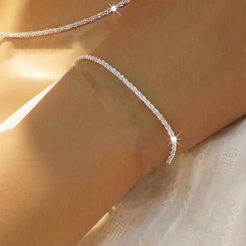 Shiny Silver Link Bracelet, Dainty Small Slim Simple Chain Bracelet for Women, Cute Adjustable Simple Sparkling Bracelet — view 6