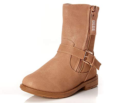 bebe Girls Mid-Calf Shimmery Biker Boots (Little Kid/Big Kid), Tan, Size 13