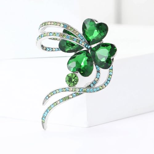 Rhinestone Clover Flower Bow Brooch Pin for Women Silvery Fashion Green Crystal Shamrock Heart Leaf Brooches Lapel Pins Luck Dress Accessories St Patrick\'s Day Jewelry Gift (Silver-Toned Green)